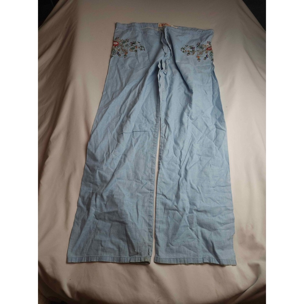 Bongo Blue Linen Blend Embroidered Wide Leg Pants Large Floral Boho Womens Y2K